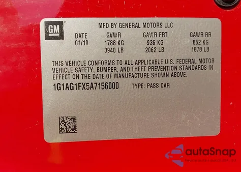 2010 Chevrolet Cobalt Ss из США, поврежденный, VIN 1G1AG1FX5A7156000